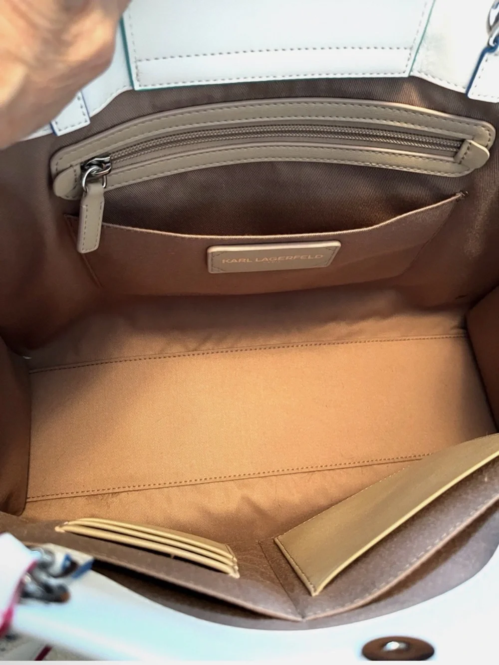 Karl Lagerfeld Large White Leather Carry-All Tote Laptop Purse Bag Rainbow Chain